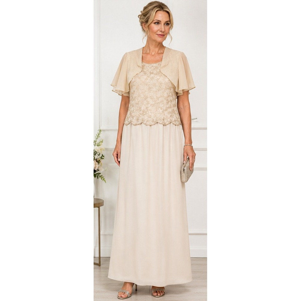 Vintage LaBelle Fashions Dress 14 Beaded Maxi Jacket Set Beige Mother Bride Gown